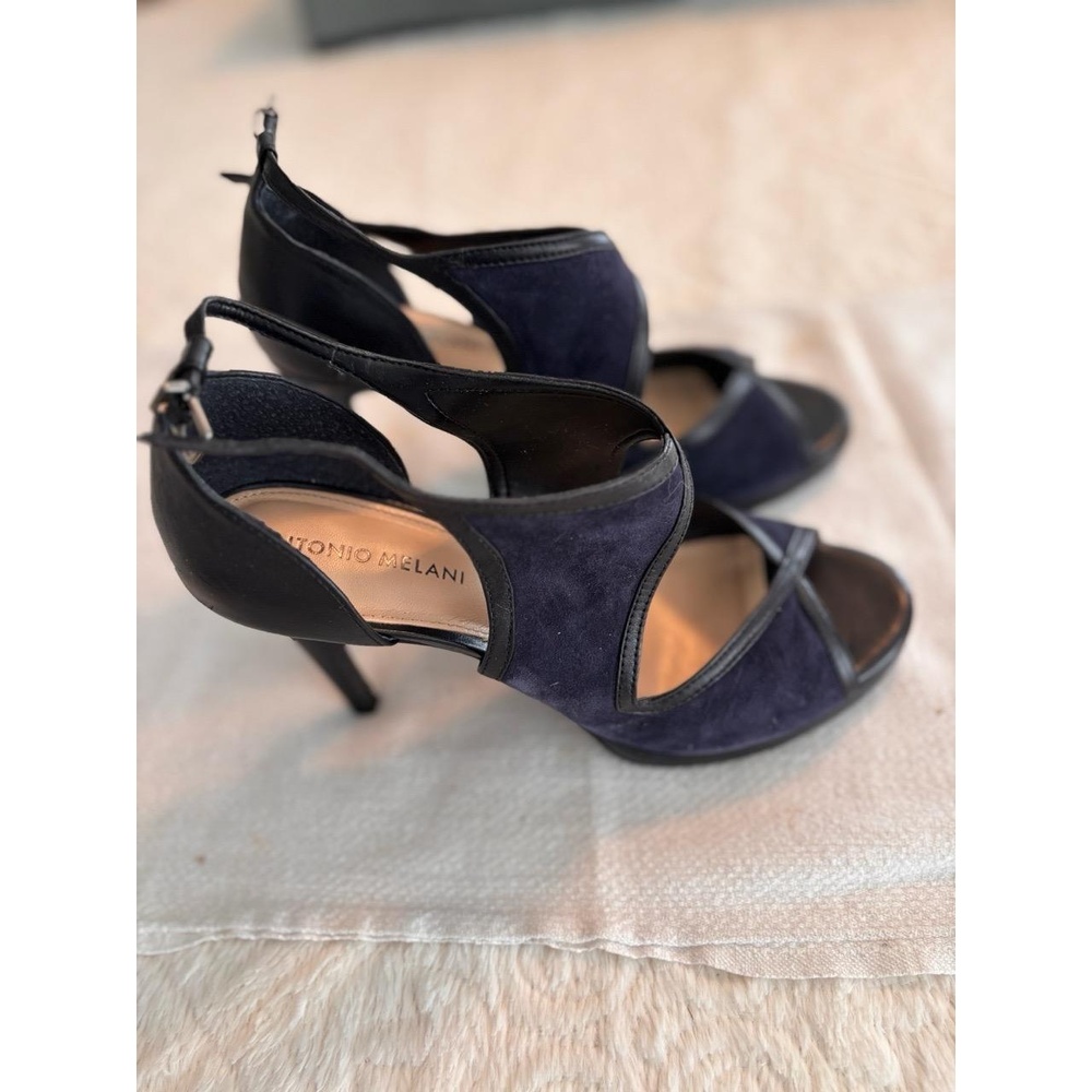 ANTONIO MELANI CASON 51 Size 9 Navy Suede Leather Open Toe Ankle Strap Heels - Picture 2 of 6
